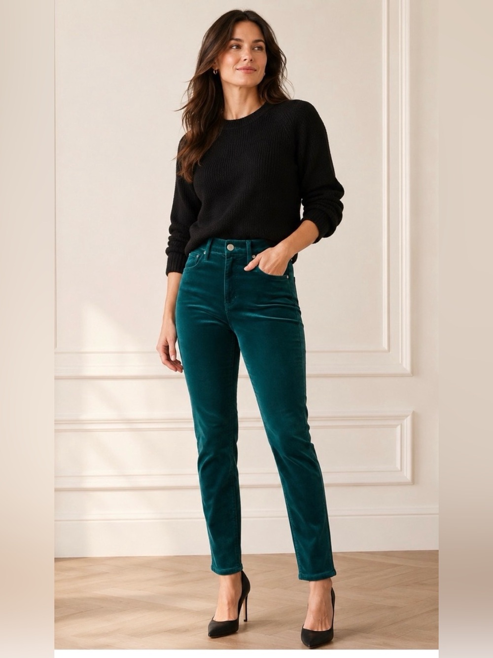 Adriano Goldschmeid The Stevie Velvet High-Rise Straight Jeans in Teal Size 27 R